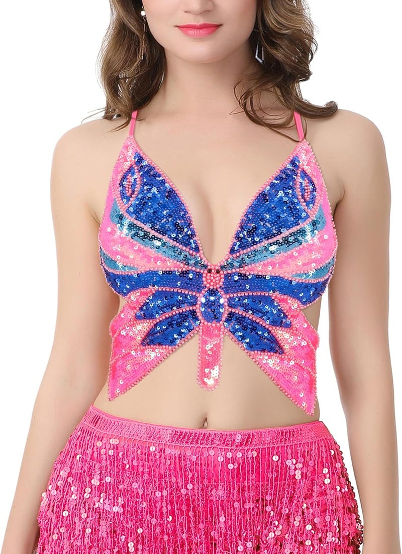 Mocure Womens Glitter Sequin Butterfly Crop Top Low-Cut Tank Top Rave Tube Vest Top for Belly Dance Costume Outfits - Image 2